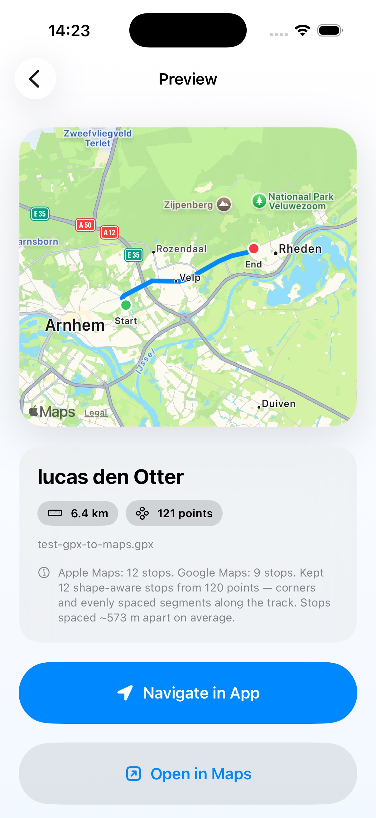 Roavic route preview on iPhone before starting CarPlay navigation